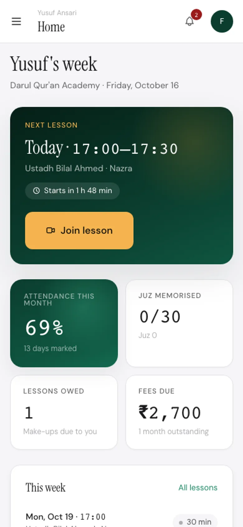 The MaktabPro student app on a phone, with the next lesson and a Join button