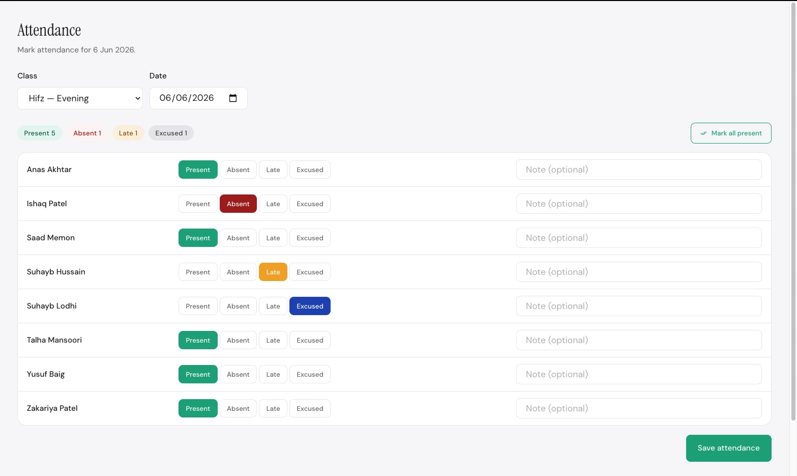 MaktabPro attendance screen with one-tap present, absent, late and excused statuses