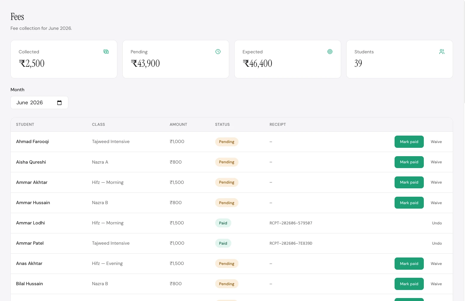 MaktabPro fees screen showing collected, pending and expected amounts with per-student status
