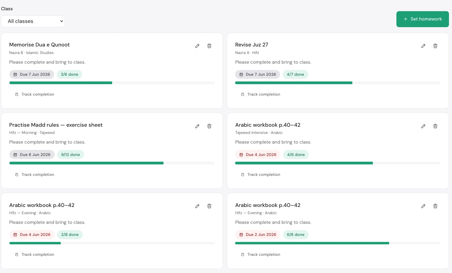 Homework & completion tracking